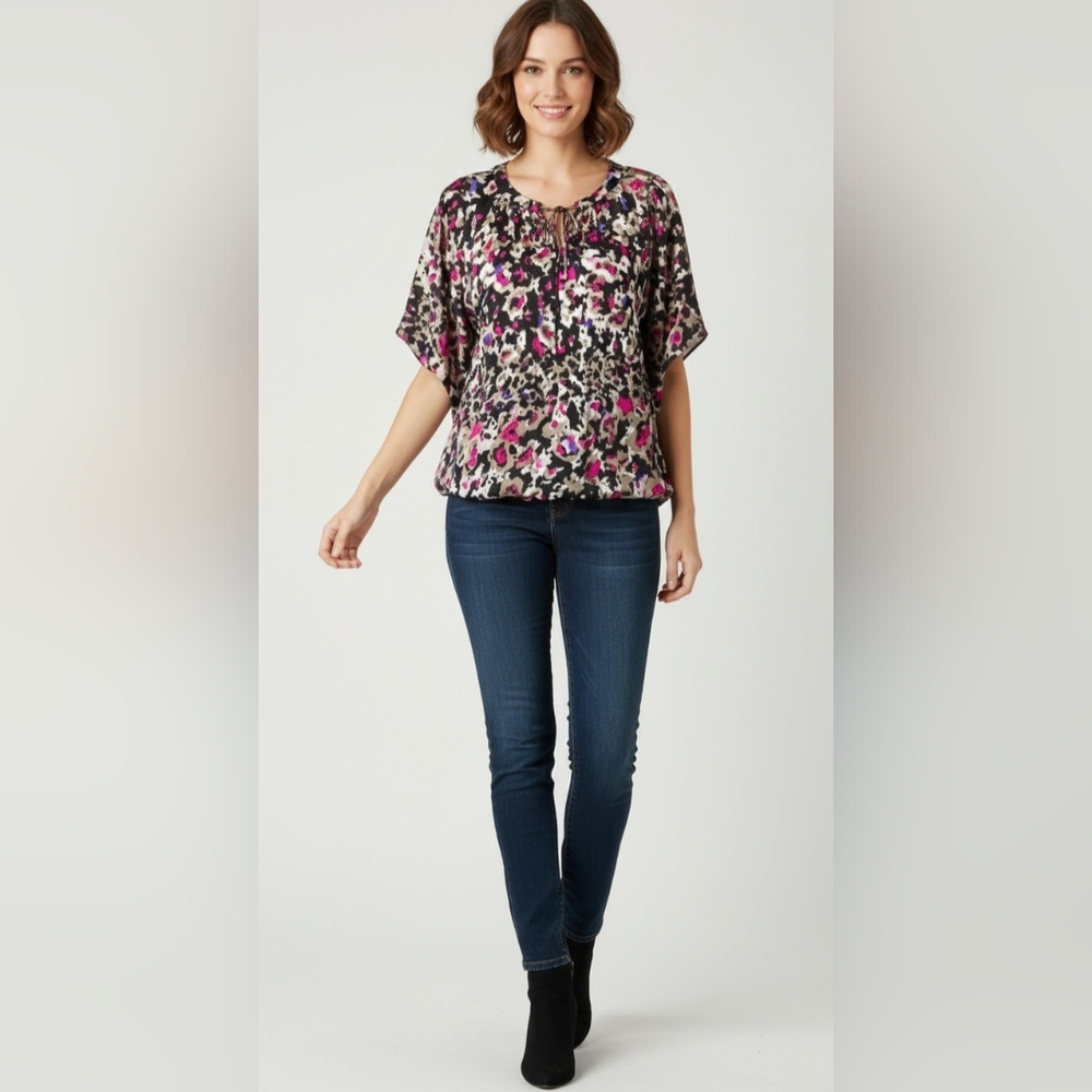 Nicole Miller Butterfly Sleeve Splatter Pattern Blouse Size L